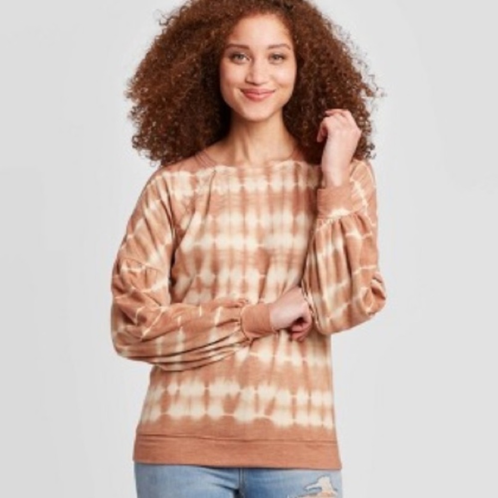 Sz M Knox Rose cree neck bubble sleeve long sleeve tie dye cream dusty rose